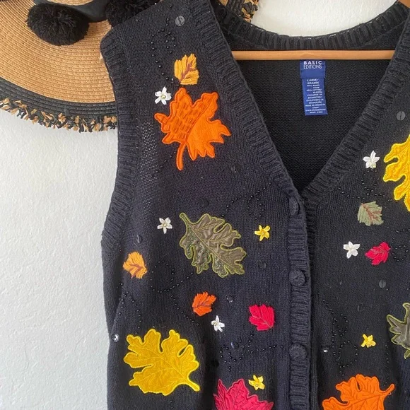 Vintage Y2K Autumn Fall Leaves Embroidered Black Ramie Cotton Knit Sweater Vest - Picture 7 of 9